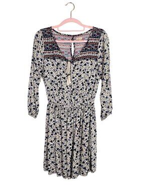 HOLLISTER 3/4 Sleeve Dress size S OFF WHITE w BLUE & RED Floral Boho Button Top
